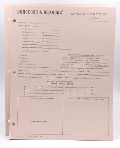 Top Tearing 1979 D&D Character Record VG, by Staff